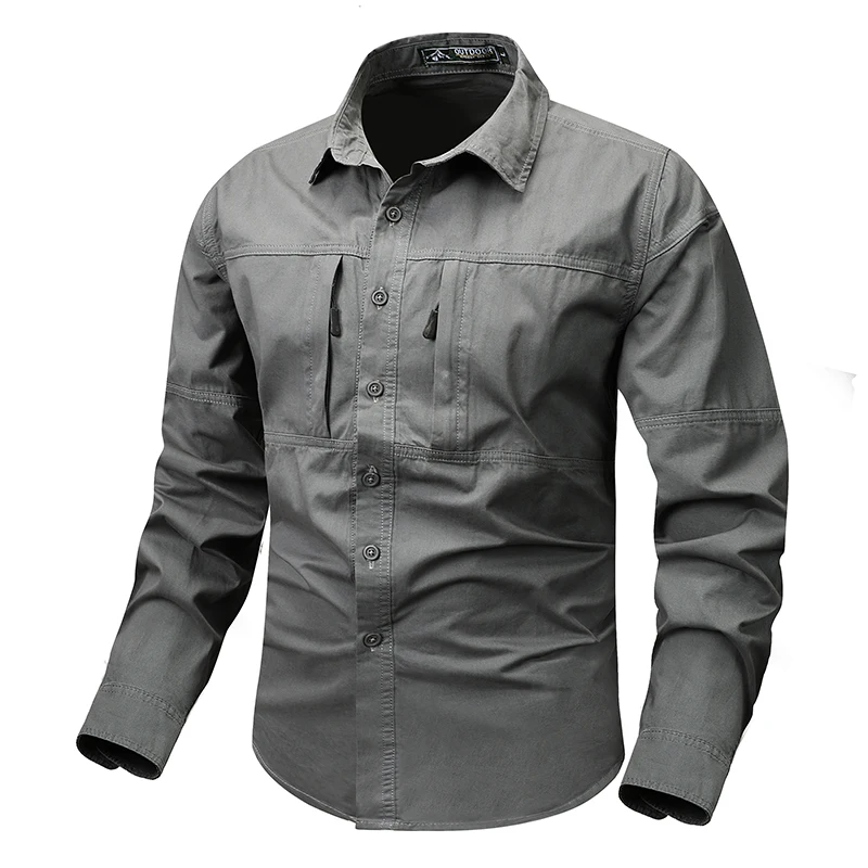 Plus Size Men's Tactical Hiking Long Sleeve Shirt Autumn New Outdoor Big Pocket Leisure Lapel Safari Cargo Button Up Shirt Men