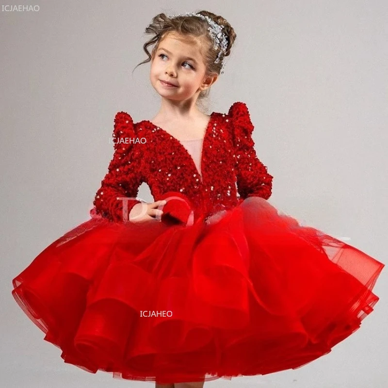 Kids Girls Velvet Long Sleeve Dress ChildrenGown for Piano Performance Host Birthday Party Dresses Sequin Tiered Princess Party