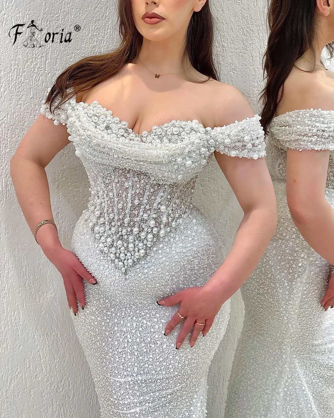 Elegant Pearls Beaded Mermaid Evening Dress Off Shoulder Corset Sweep Tail Prom Dress Wedding Party Gown Robe De Soiree Femme