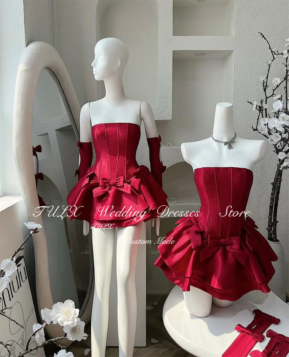 TULX Sexy trägerlose Mini-Abschlussball-Hochzeitskleider mit Handschuhen, plissierte Satin-Abendkleider, Schleife, Damen-Partykleid, individuell gestaltet