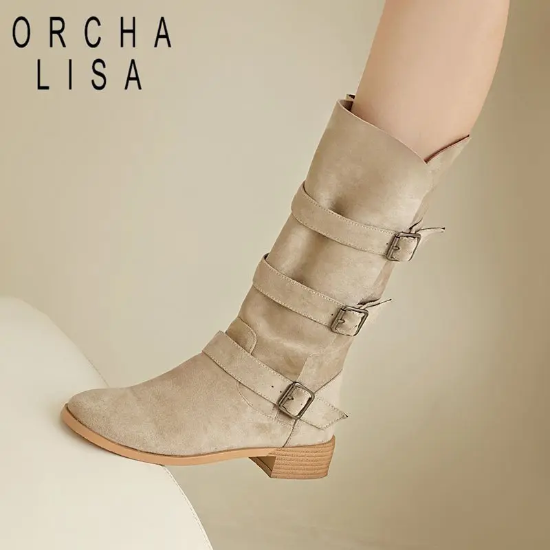 

Fashion Apricot Women Mid Calf Boots Round Toe 3cm Thick Sole Belt Buckles Flock Suede Large Size 44 45 46 Winter