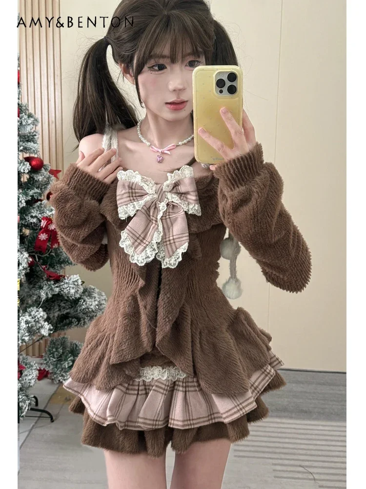 Girl Vintage Autumn Winter Brown Suit Off Shoulder Mink Hair Top + Plaid Skirt Hot Girl Sweet Cool 2 Piece Sets Womens Outfits