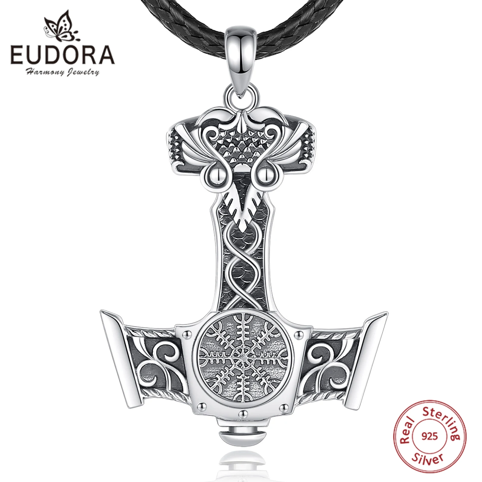 

Eudora 925 Sterling Silver Norse Viking Thor's Hammer Necklace Vintage Compass Mjolnir Amulet Pendant Silver Jewelry Man Gift