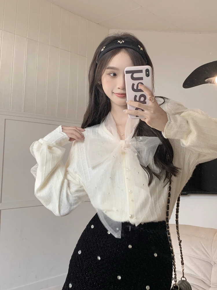 

Elegant Beaded Solid Blouse Women Bow Design Work Style Ol Solid Blusas Spring 2023 New All Match Shirt Femme