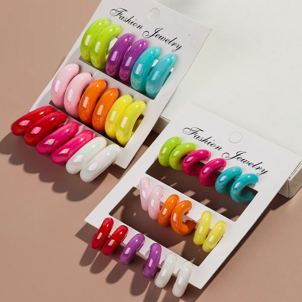 9pair/set Candy Color Acrylic Waterdrop Circle Earring Hoops for Women Statement Irregular C-Shaped Earrings New Jewelry Gift