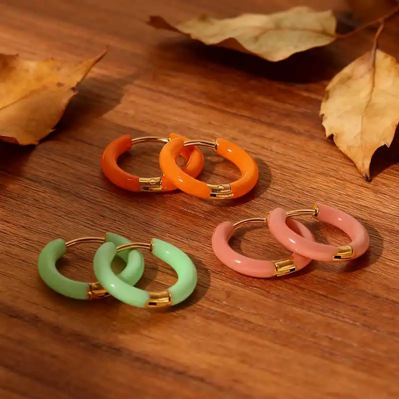 Candy Color Design Gold-Plated Enamel Drop Earrings Huggie Hoop for Women Stainless Steel Waterproof Jewelry Tarnish-Resistant
