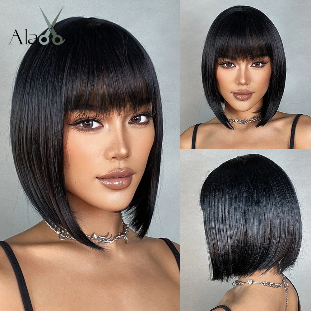 Short Black Synthetic Wigs with Bangs Straight Bob Hairstyle Cosplay/Lolita/Daily Wear Heat Resisitant Hair Wigs for Women Afro