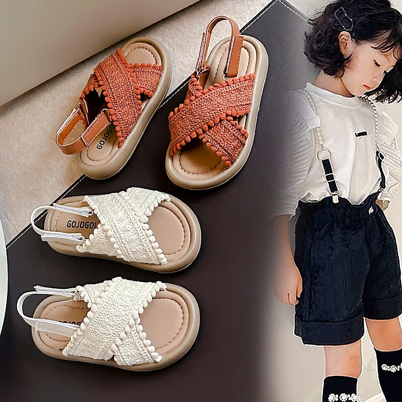 Summer Boys Girls Sandals Beige Cross Strap Woven Children's Beach Shoes Brown Lightweight Children's Baby Sandals Kids Shoes