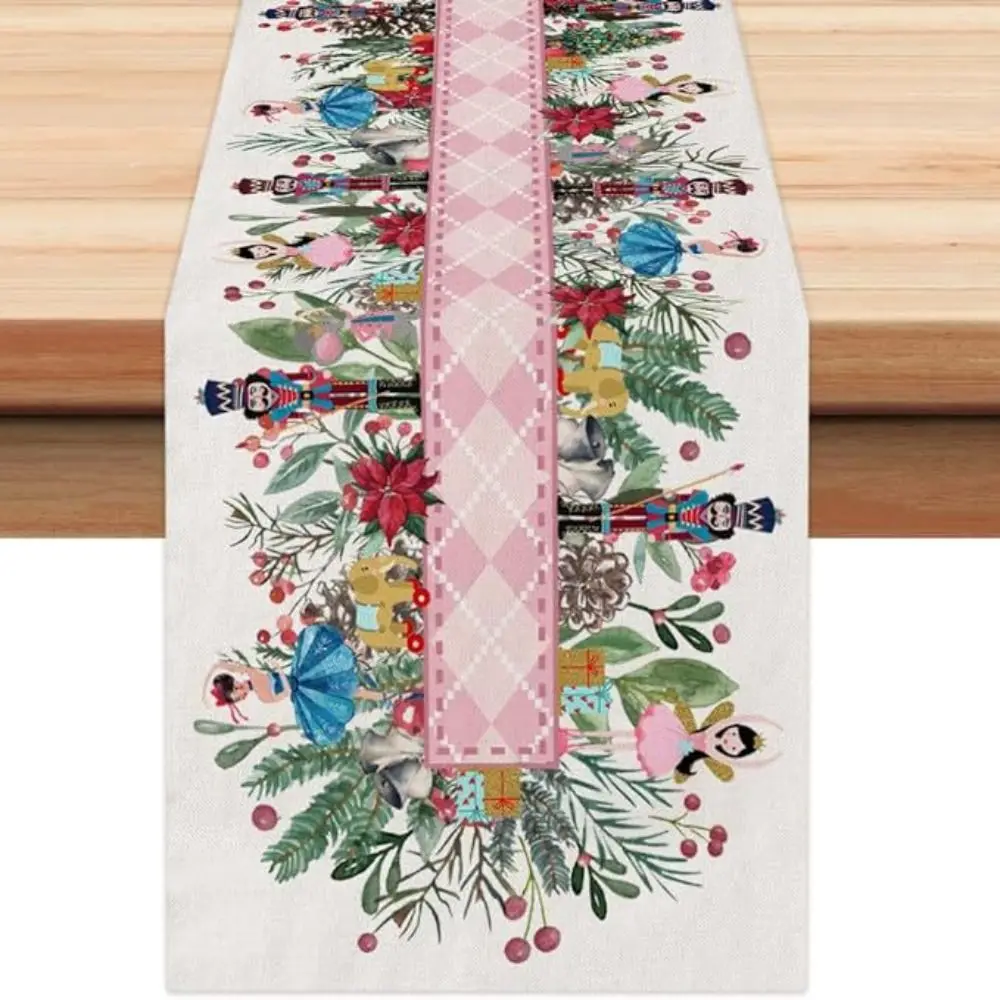 13x72IN Christmas Table Runner Winter Burlap Table Clothing Farmhouse Nutcracker Flower Tree Table Holiday Decoration Home Party
