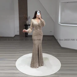 Sparkle Mermaid Evening Party Dress For Woman Long Luxury With Long Sleeve Split Floor Length Shine Wedding Custom Gown Fiesta