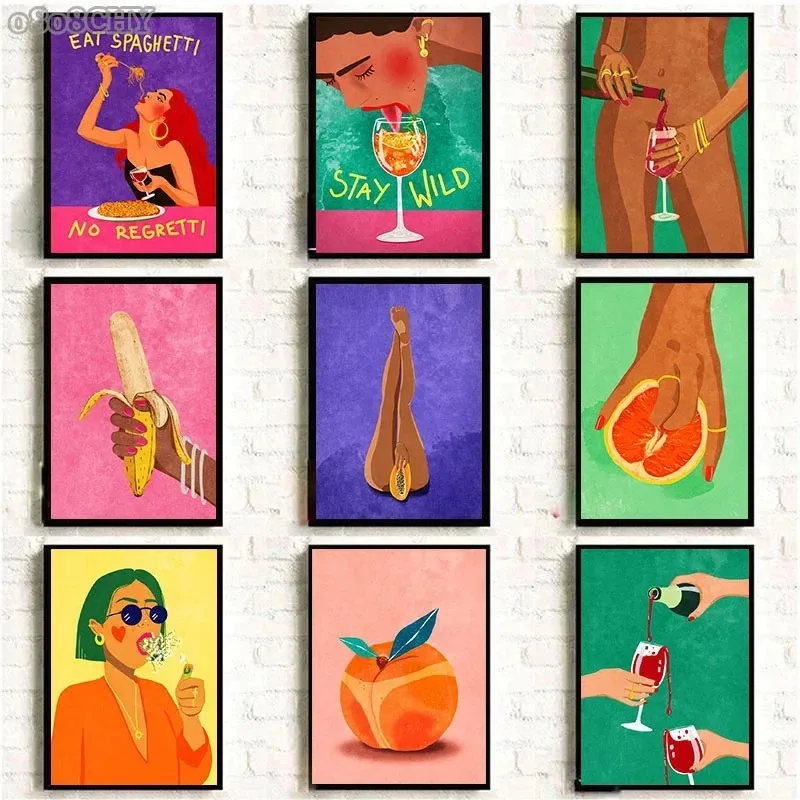 Colorful Funny Home Bathroom Girl Room Wall Decor Paintings Fruit Banana Peach Red Wine Sexy Woman Canvas Posters Wall Print Art