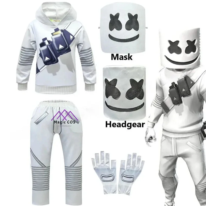 Kids Halloween DJ Fortnites Cosplay Costume Hoodie Pants Mask Gloves Full Set Boys Electronic Concert Christmas Gift