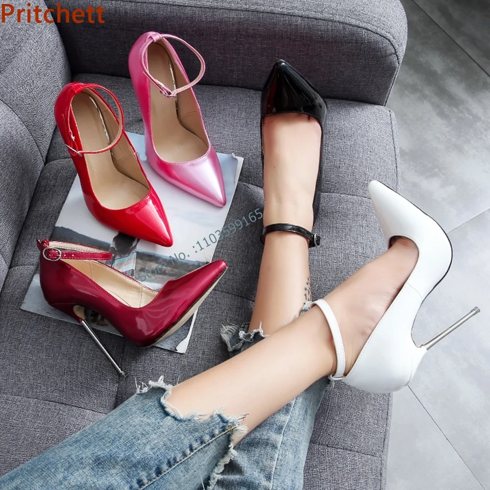 13-centymetrowe metalowe czółenka na cienkim obcasie Solid Pointy Toe Ankle Band Buckle Strap Patent Leather Runway Shoes Summer Sexy 2024 Women