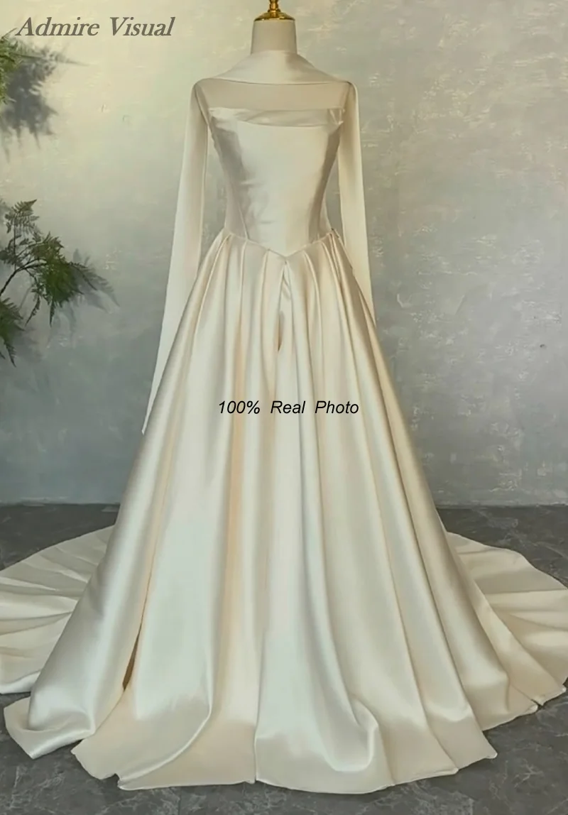 Admire Visual Customized Wedding Dress A-Line Satin Boat Neck Neckline Sleeveless Basque With Ribbon Bride Gowns