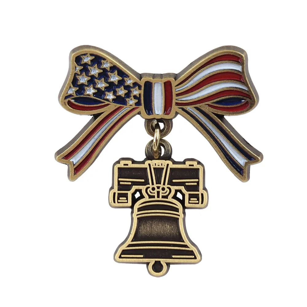 1pc USA Liberty Bell Brooch, Flag Bow Retro Badge, American Historical Culture Collectible Pin, Daily Outfit Accessory