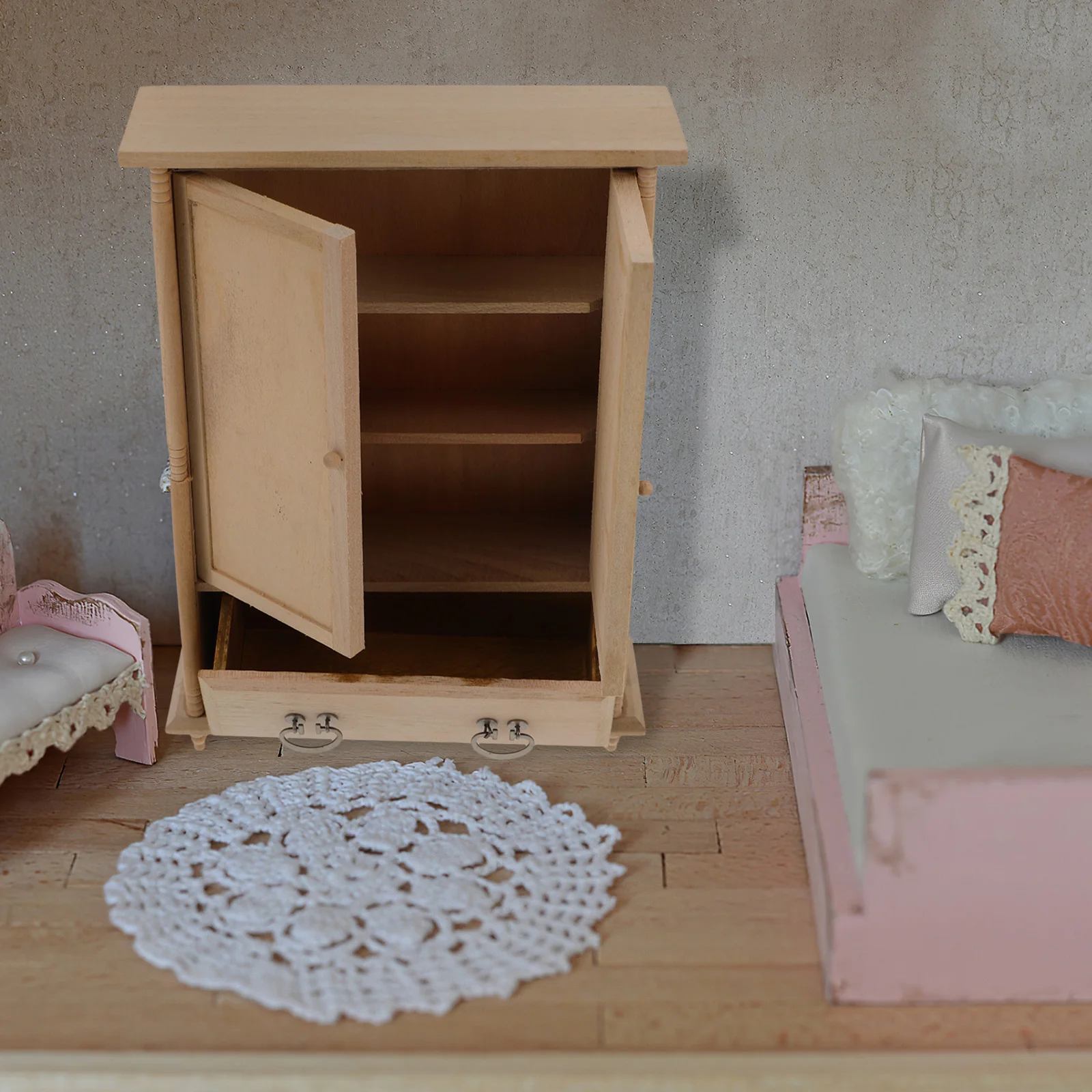 

Miniature 1:12 Wooden Vintage Double Door Wardrobe Closet Beige Bedroom Furniture Dollhouse Closet for Play Cupboard