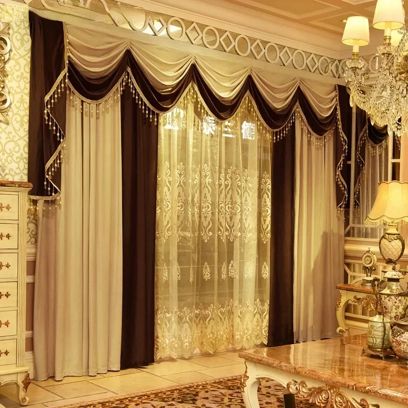 

European High-end Beige Coffee Color Patchwork Velvet Shading Curtains for Living Rooms Bedrooms Partition Curtains Valance