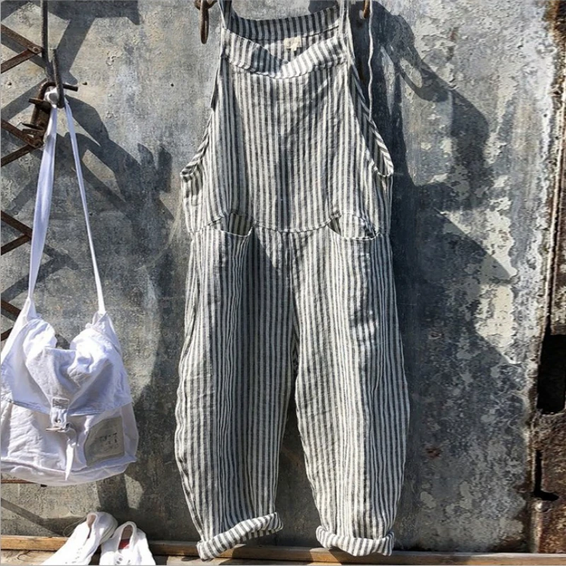 High Quality 2023 Spring Autumn Casual Women\'s Fashion Cotton Overalls Bohemian Stripe Casual Overalls