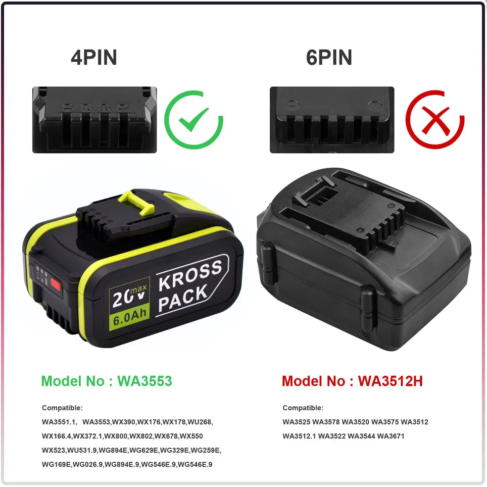 Für worx 20v 6000mah batterie li-ion batterie wa3553 wa3551 wa3551 wa3572 wa3553 wx390 wa3551 wx178 wu268 bohr batterie