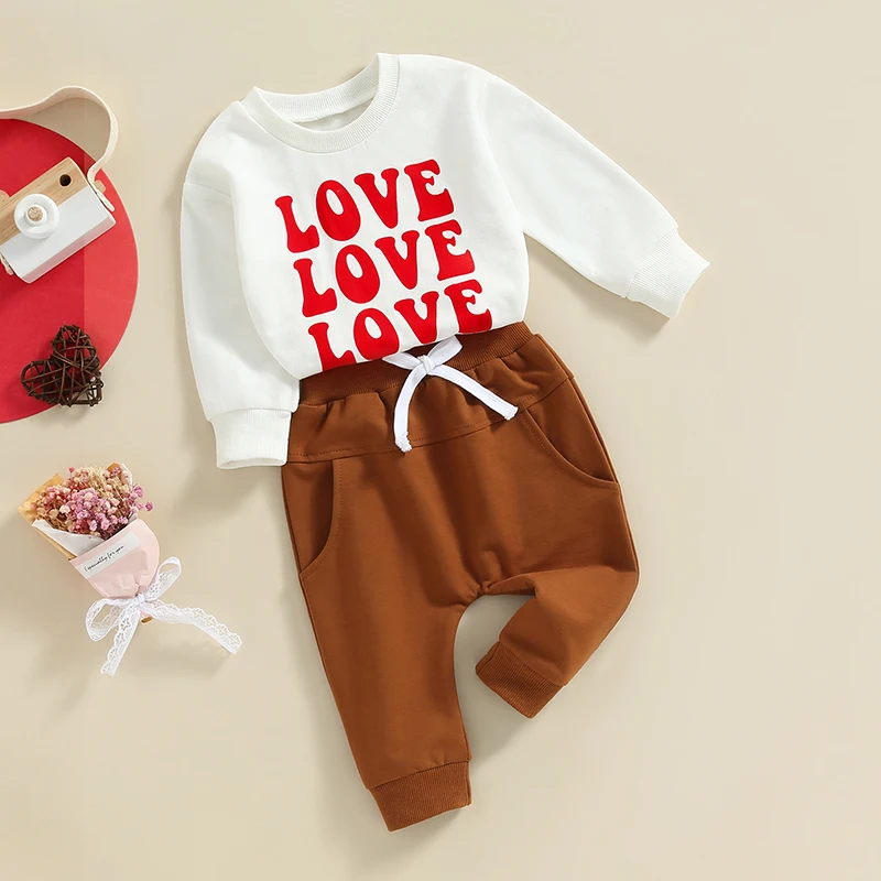 Toddler Baby Autumn Clothes Set Letter Print Long Sleeve Round Neck Pullover Elastic Waist Solid Long Pants