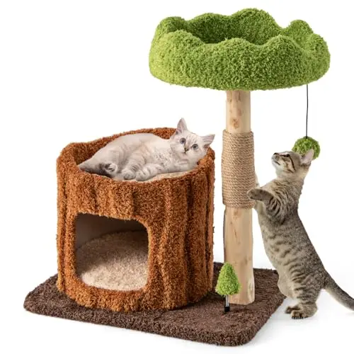 Solid Wood Cat Tree, Natural Branch Cute Kitten Tower with Jute Scratching Post & Mat, Tree Hole Condo, Bed, Perch