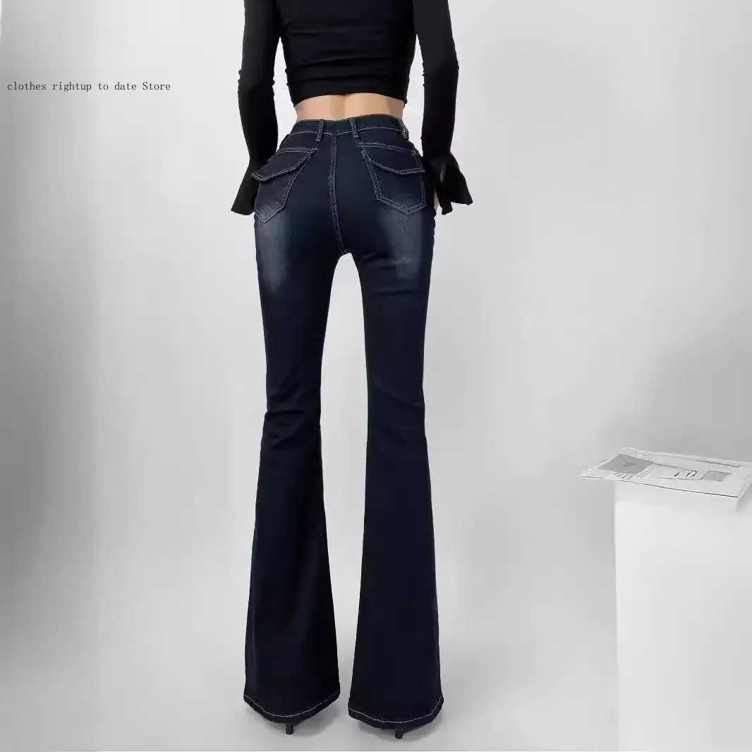 Washed Nostalgic Micro Flared Jeans for Women Spring Fashion Spicy Girl V-Waist Elastic Floor Length Pants