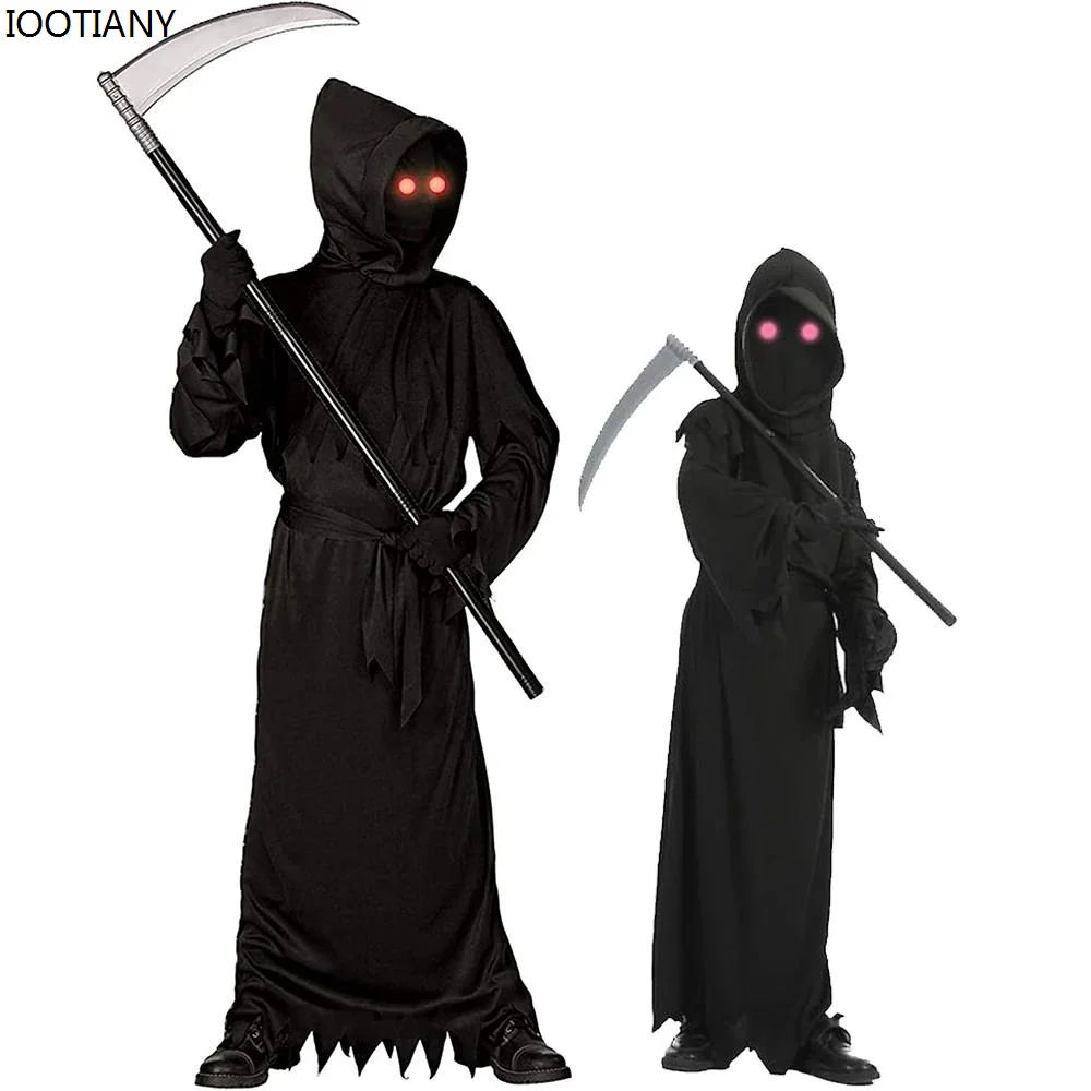 

Unisex Horror Grim Reaper Cosplay Costume Halloween Sickle Monster Parent-child Outfit With Luminous Red Eyes Dark Messenger Set