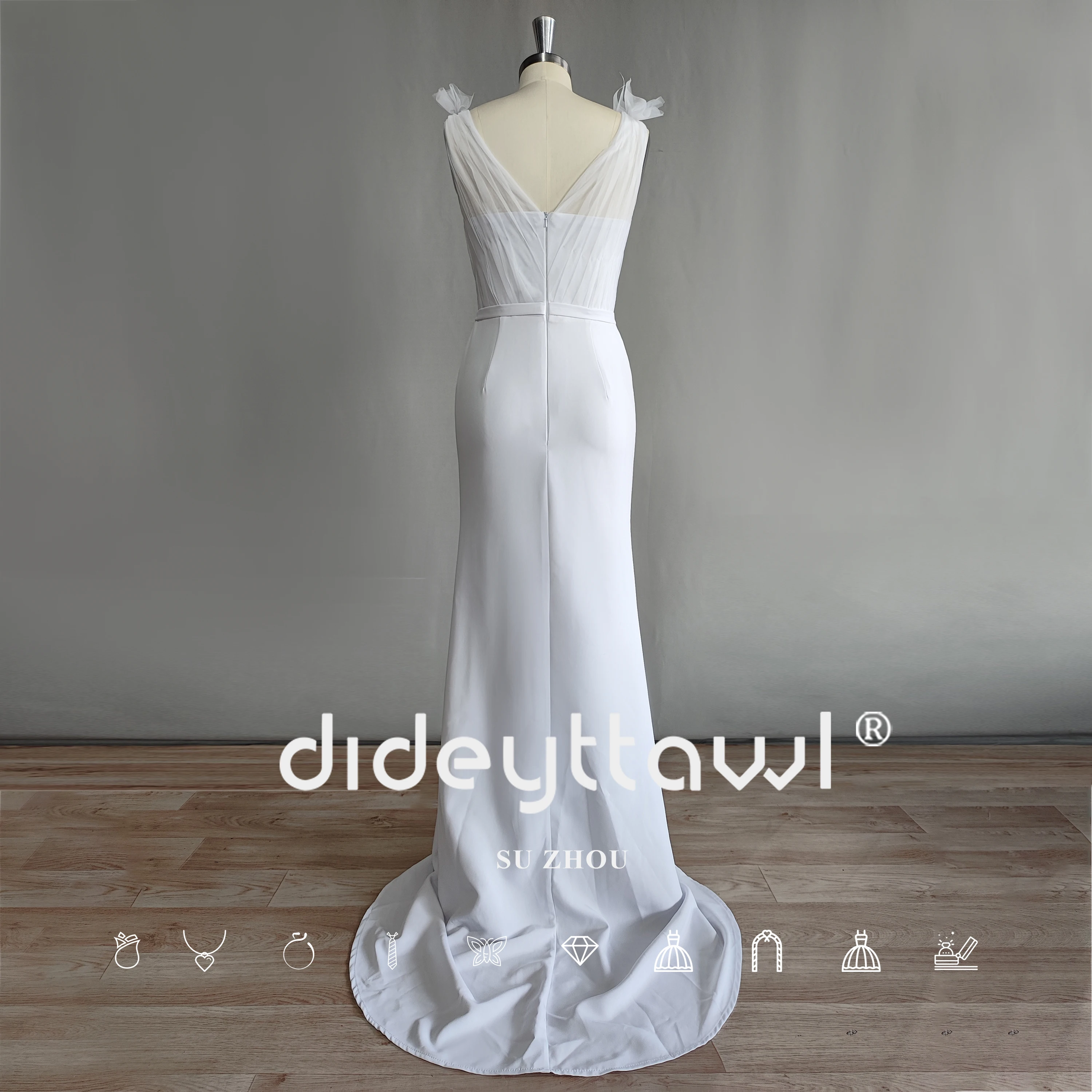 DIDEYTTAWL Real Photo V Neck Crepe Simple Mermaid Wedding Dress Rushed Sleeveless Sweep Train Bridal Gown Custom Made