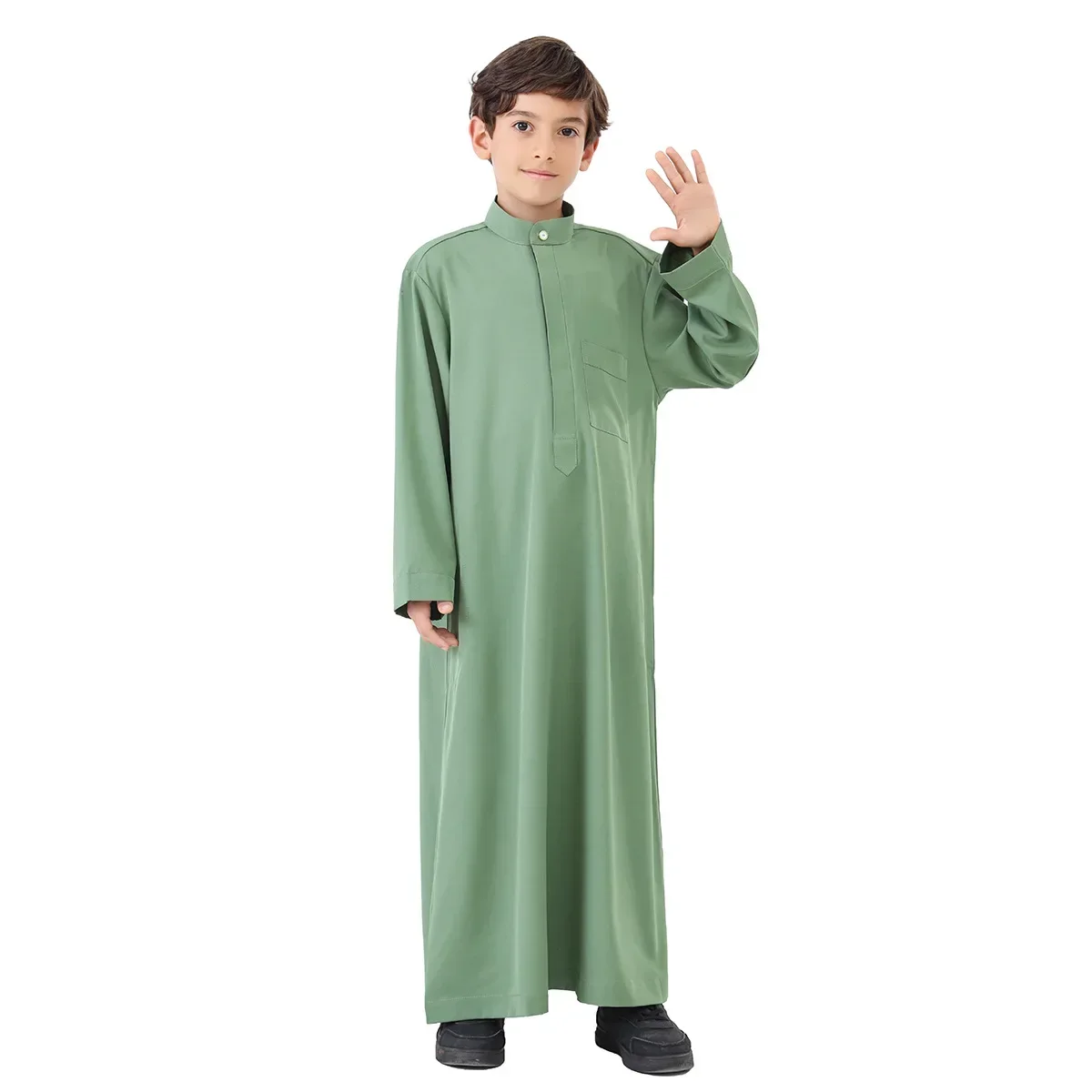 Ragazzi Abiti musulmani Islamico Medio Oriente Arabia Saudita Tinta unita Tasche a maniche lunghe Abbigliamento per bambini Jubba Thobe Thoub Eid Ramadan