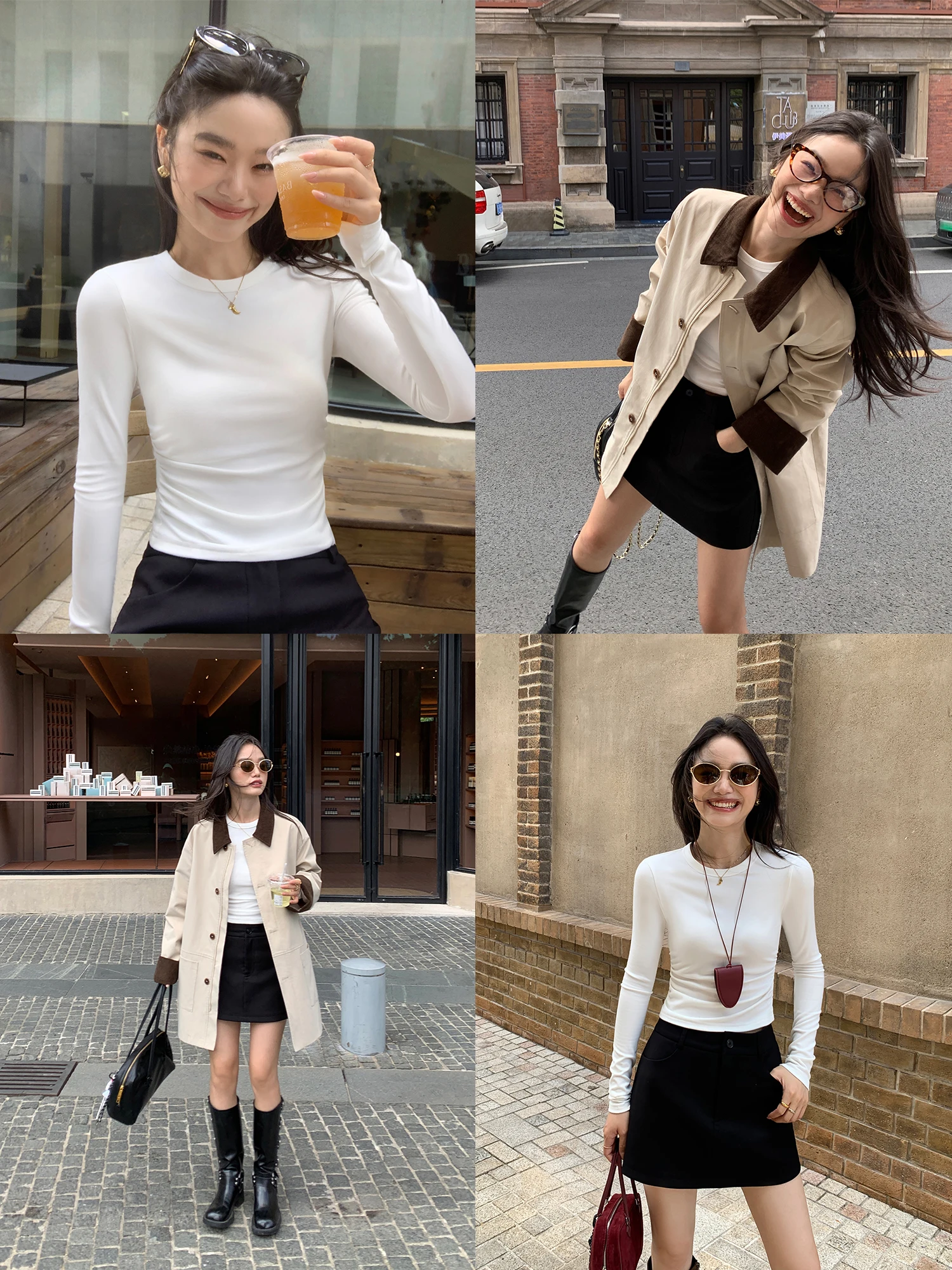 Pusumede Grey Long Sleeve Knitted Short T-Shirt Women's Slim Fit round Neck Casual Style Cotton Blend Elastic Fiber Autumn Top