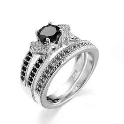 Fashion Black Zircon Couple Rings Set Sterling Silver Color Wedding Rings For Women And Men 1 Pair Engagement Ring Set Jewelry