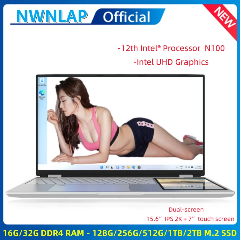 Dual Screen Laptop 15.6 Inch 2K IPS+ 7 Inch Touch Screen Intel N100 Processor Gaming Laptop DDR4 32GB 2TB SSD Notebook Computer