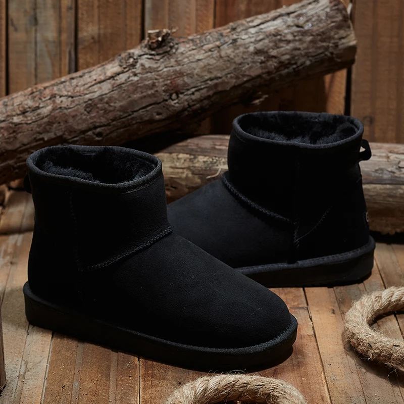 KZZO Size 37-48 Australia Classic Real Sheepskin Suede Leather Men Sheep Wool Fur Lined Winter Short Ankle Snow Boots Grey Shoes