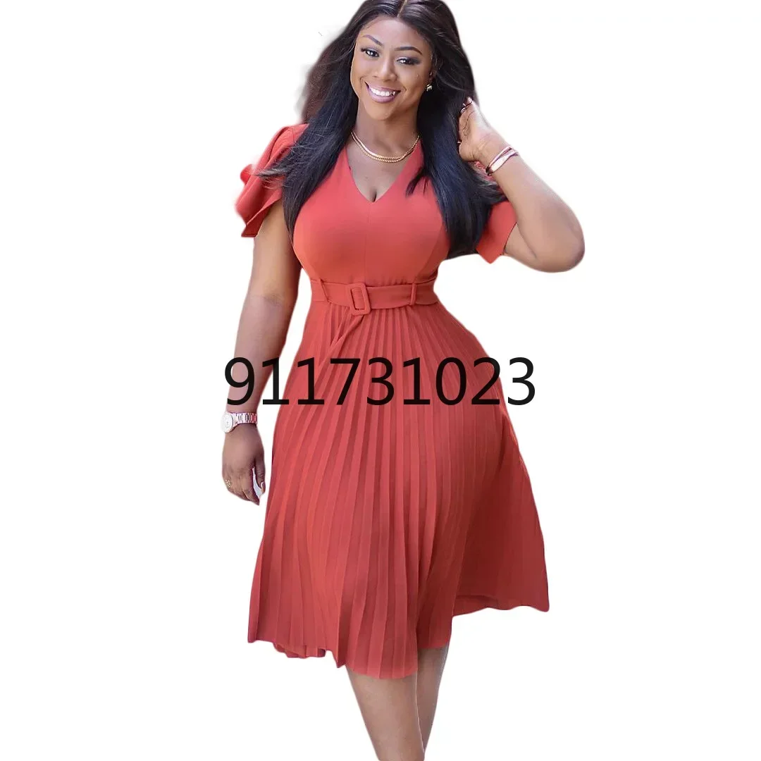 Summer African Dresses for Women 2023 New African Women V-neck Short Sleeve Solid Color Dress African Clothes Women