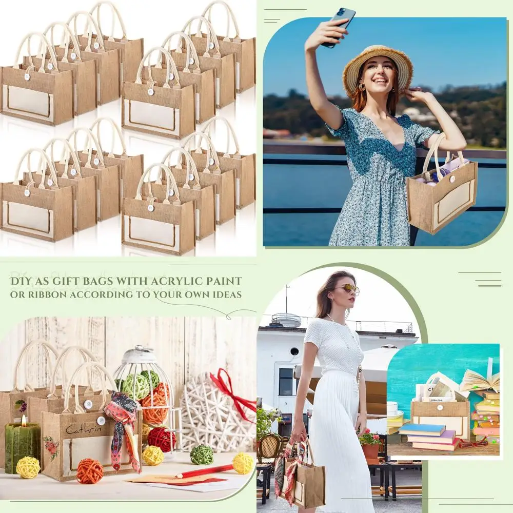 

Многоразовые джутовые сумки, 16 шт., экологически чистые пляжные сумки из мешковины с ручками, идеально подходят для свадебных подарков, 11,8 x 7,87 x 5,5 дюймов