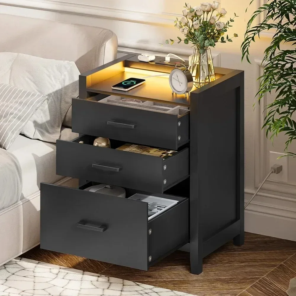 LED bedside table, bedside table with 3 drawers, edge table with USB port and socket, modern bedside table in bedroom