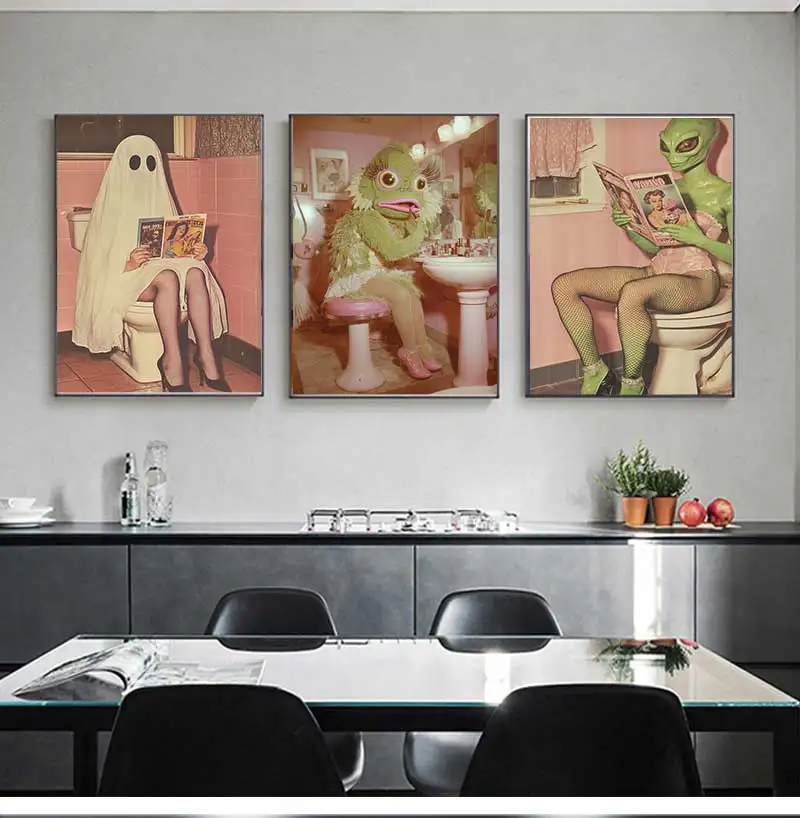 Funny Weird Bathroom Alien on The Toilet Ghost Reading Newspaper Aesthetic Poster Canvas Painting Wall Pictures Home Decor