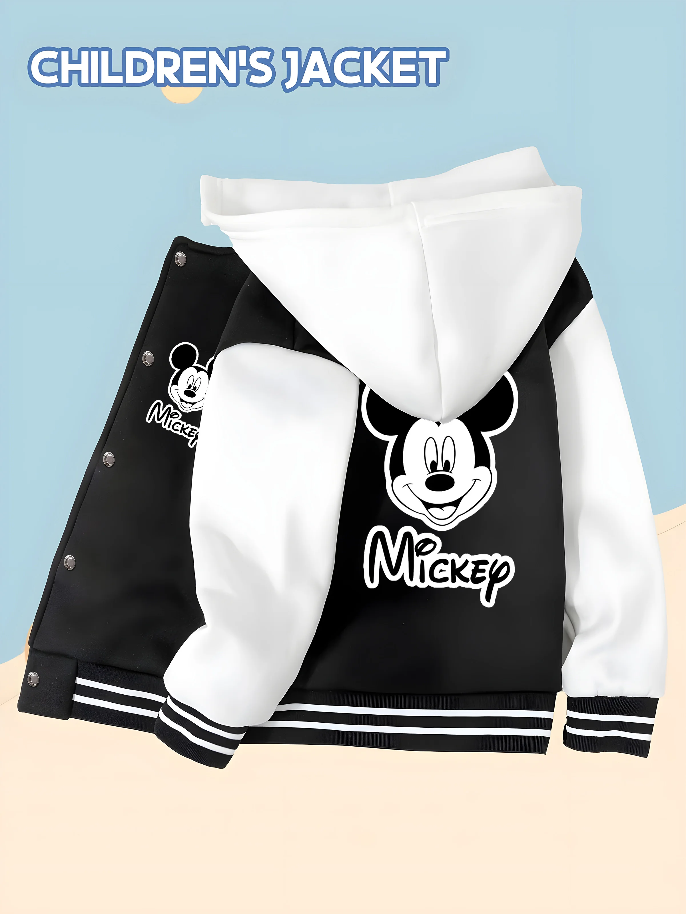 

MINISO Disney Boys Baseball Jacket-Mickey Mouse classic black and white print, trendy, casual party wear,comfortable and stylish