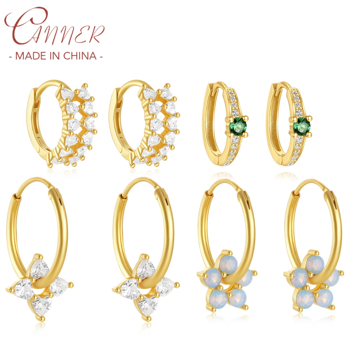 CANNER 925 Silver Heart-Shaped Lucky Four-Leaf Clover Bow Hoop Earrings For Women 18K Gold Vintage Emerald Zircon  Ins Jewelry