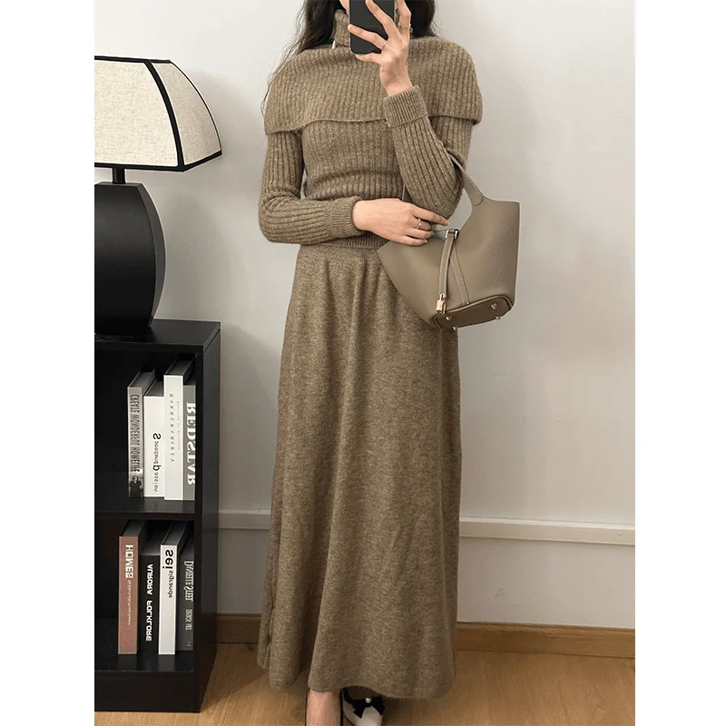 2024 Autumn French High Collar Long Sleeve Knitted Set for Women Autumn and Winter Simple Solid Color Trendy Three-piece Set