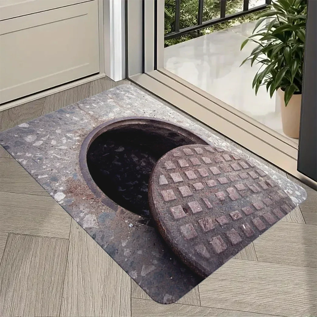 Grassland Manhole Cover Printed Door Mat Fun Prank Carpet Home Decoration Carpet Bedroom Kitchen Home Anti Slip Door Mat