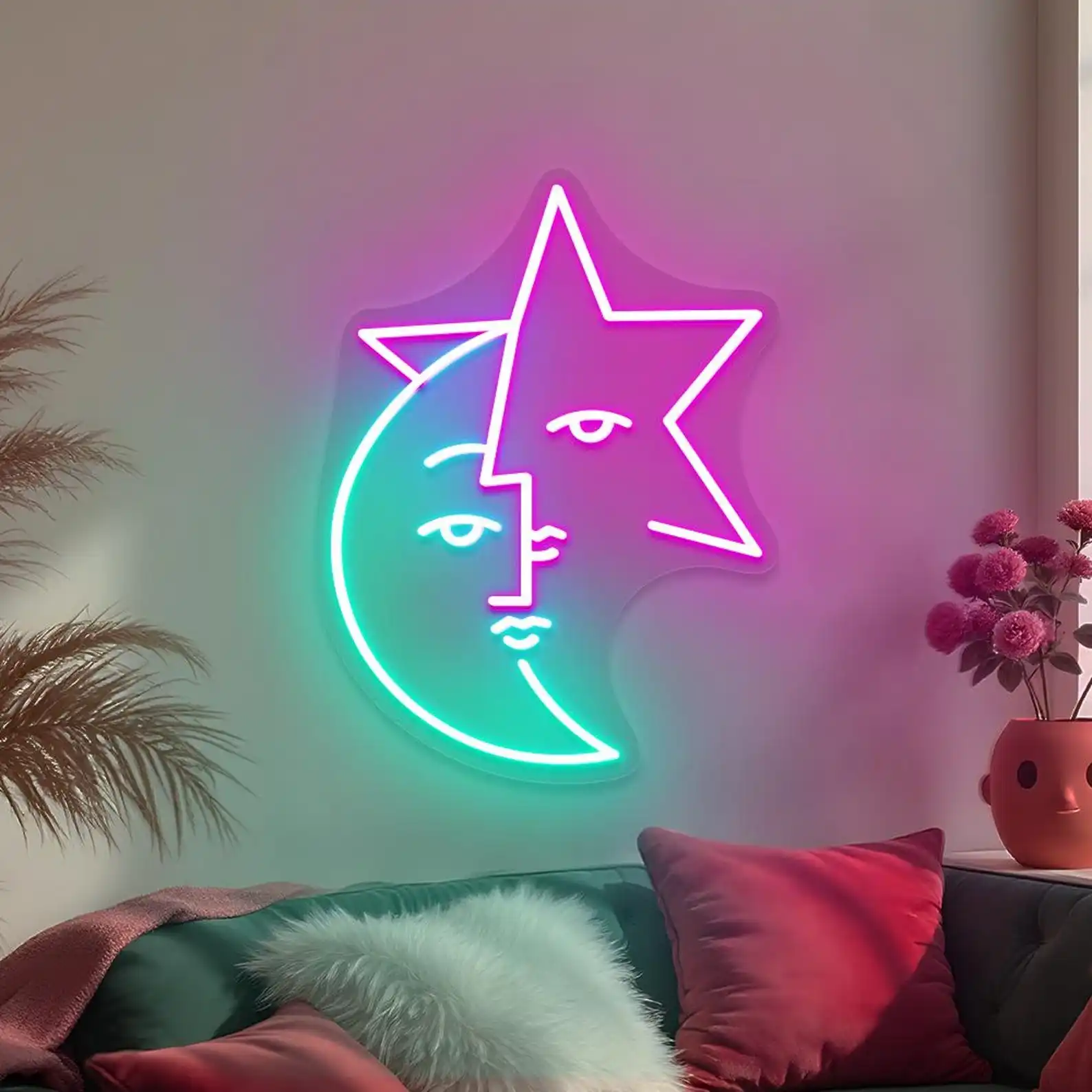 Moon and Star Neon Sign Celestial Wall Decor Dreamy Aesthetic Room Decor Kids Bedroom Space Neon Moon Face Personalized Gift