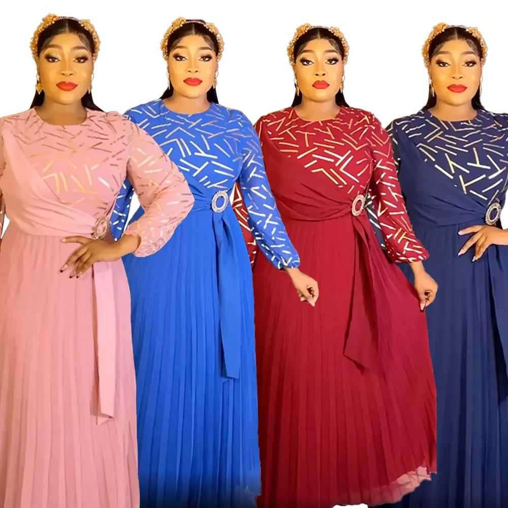 

Summer Autumn African Long Sleeve O-neck Red Blue Pink Pleated Dress African Clothes African Party Wedding Dresses for Women