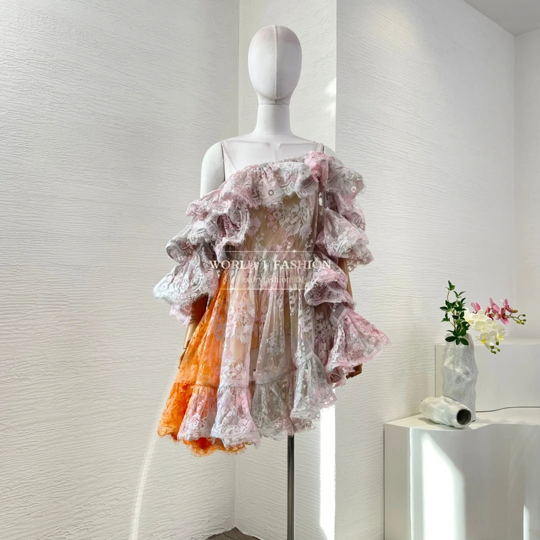 

Gradient 2025 New Beach Style High Quality Irregular Ruffles Lace Patchwork Women Mini Dress
