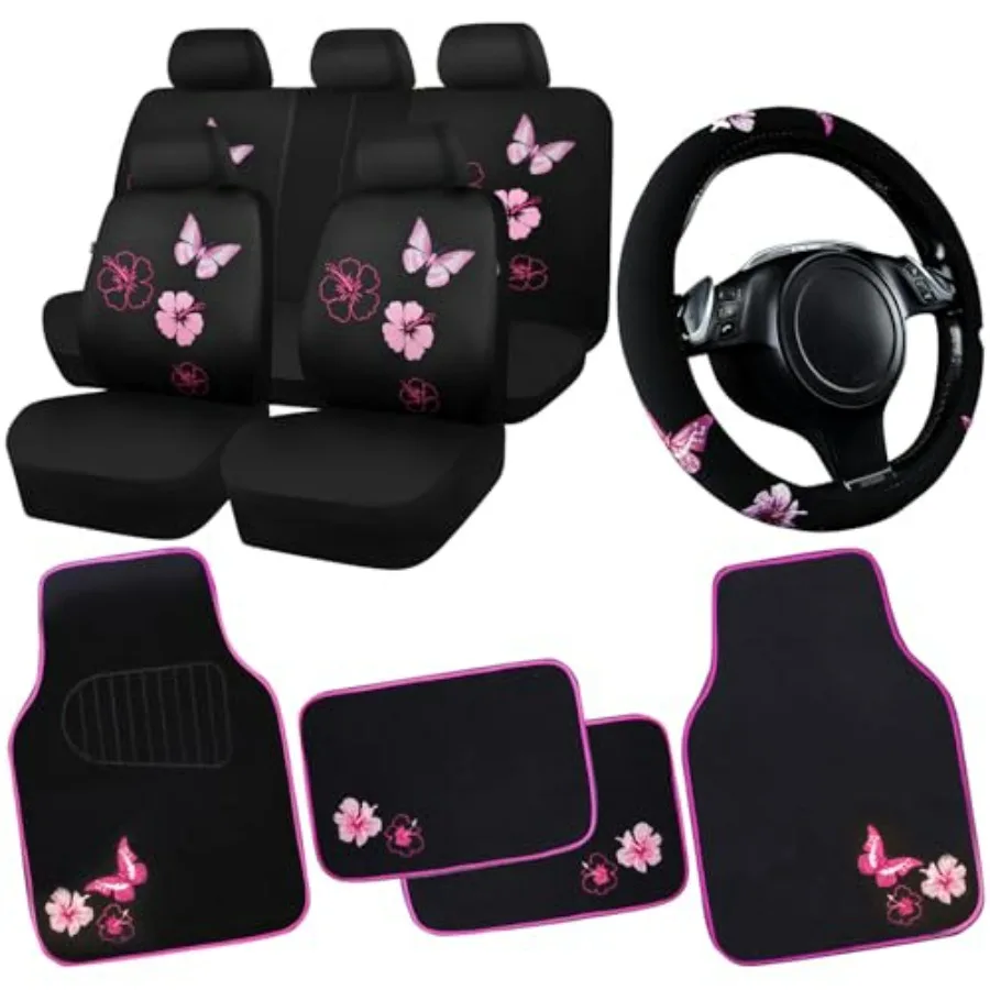 

Universal Cloth Butterfly Car Seat Covers Full Set Embroidered Flower Waterproof Car Floor Mats Carpet Steering Wheel Cover for