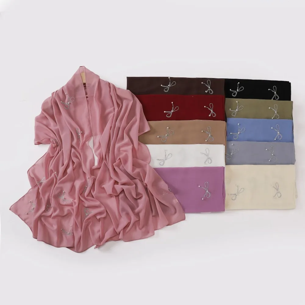

New 175×70cm Chiffon Hijabs Pearl Bow Design Breathable Head Wrap Solid Color Long Shawl for Women