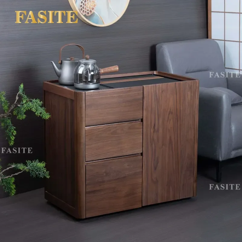 For North American Black Walnut Mobile Tea Cabinet Solid Wood Side Table with Bakelite Tray Boiling Water Station for Living