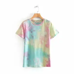 2020 Women summer Gradient tie dye painting colorful casual T-shirt female o neck basci knitted chic T shirts leisure tops T639