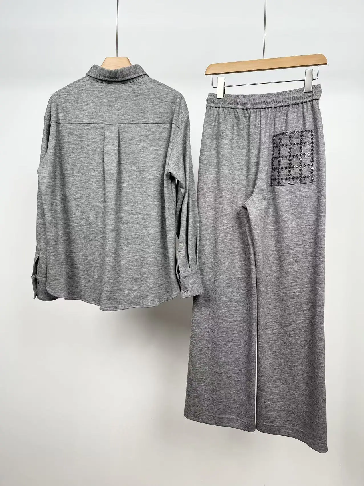 2026 Autumn New High-end Collar Pocket Sequined Wool Shirt Paired With Straight Leg Pants Two-piece Set