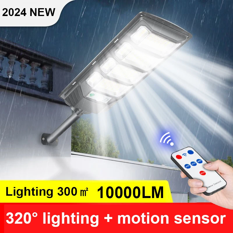 

2024 10000LM Solar Lights Outdoor External Solar Lamp Motion Sensor Remote Control Solar Powered Spotlight Lamp Wall Street Lamp